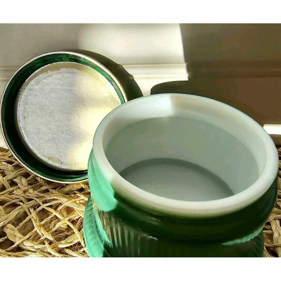 Vintage Avon Regence Milk Glass Jar, Green Glass Outside Marble Plastic Lid, EUC - Picture 6 of 8